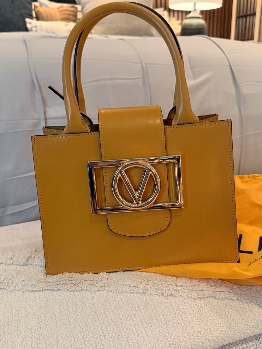 Mustard Yellow Structured Top-Handle Bag with Signature Buckle
